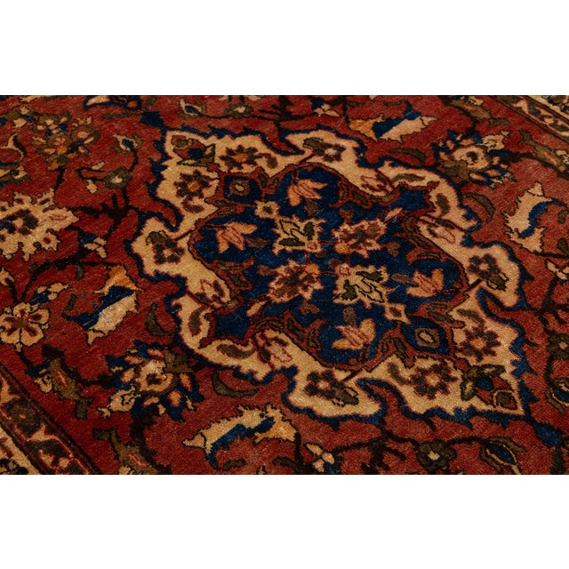 Cream Mid-20th Century Vintage Turkish Anatolian Oushak Rug With Terracotta & Indigo Floral Medallion For Sale - Image 8 of 9