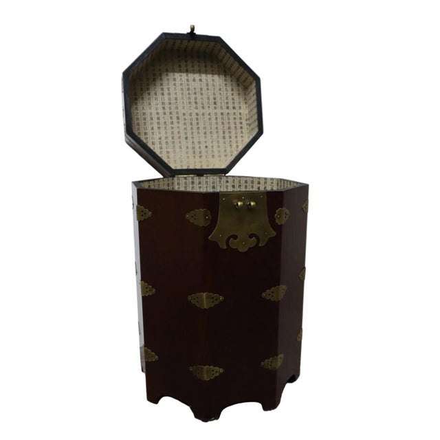 Lovely octagonal Korean hat box with gorgeous ornamental brass details and a charming fish-shaped lock! This elegant tall...