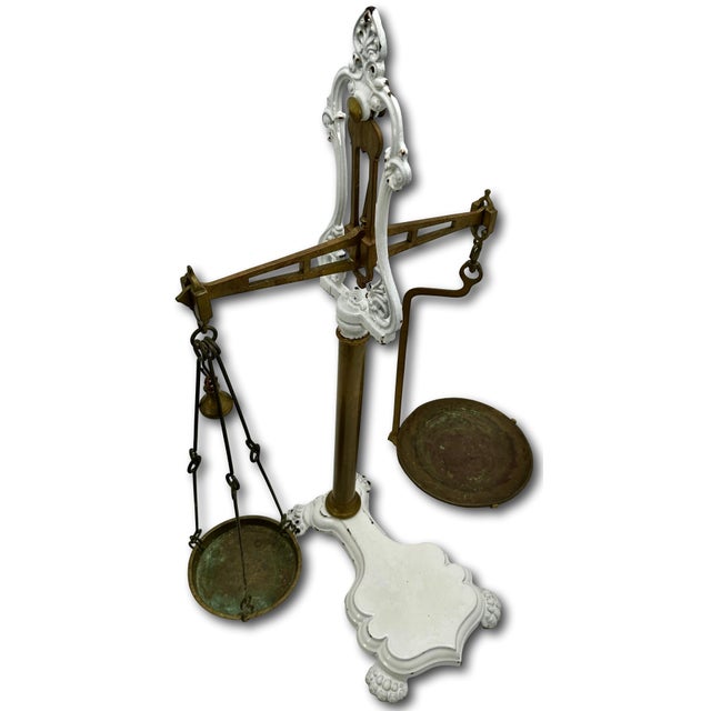 Very Large Size Antique Brass & Enameled Cast Iron Manchester England Wholesale Groceries Sellers Scale - 34 Inches Tall For Sale - Image 9 of 18