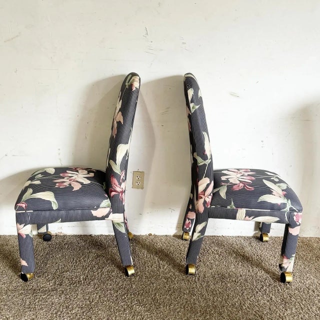 Postmodern Navy Blue Pinstripe and Pink Hibiscus Parsons Chairs on Casters - Set of 4 For Sale - Image 4 of 8