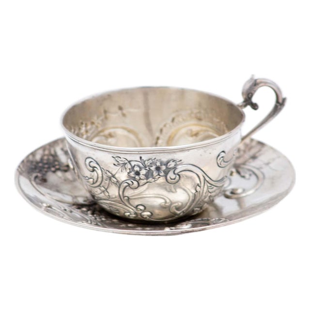 Cup and Saucer in Embossed Silver with Floral Motifs and Garlands, Set of 2 For Sale