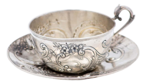Cup and Saucer in Embossed Silver with Floral Motifs and Garlands, Set of 2