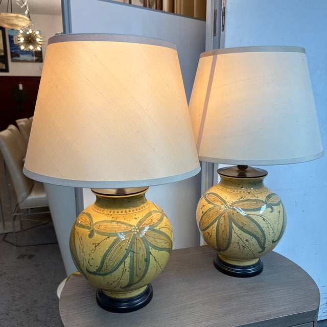 Boho Chic Botanical Ceramic Ginger Jar Table Lamps, Pair For Sale - Image 3 of 12