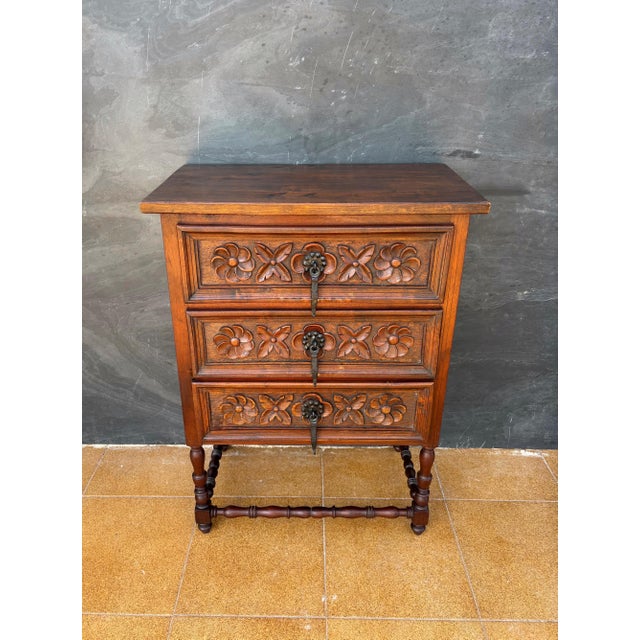 Rustic Spanish Renaissance Revival Chest of Drawers With Carved Floral Fronts, 1930 For Sale - Image 3 of 9