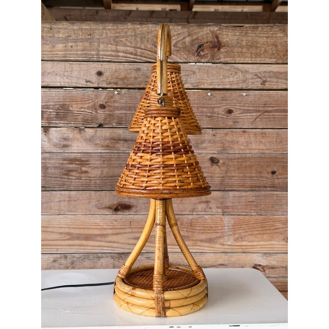 Mid 20th Century Mid-20th Century French Boho Double Rattan Table Lamp Manner of Louis Sognot For Sale - Image 5 of 12