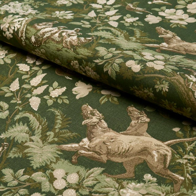 2020s Schumacher Hound Meadow Fabric In Forest For Sale - Image 5 of 6