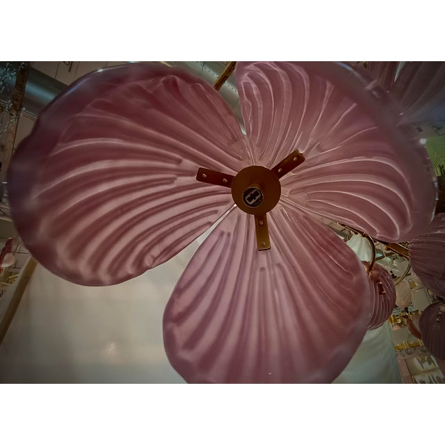 Gold Mid-Century Murano Art Glass and Brass Pink Color Chandelier and Pendant For Sale - Image 8 of 9