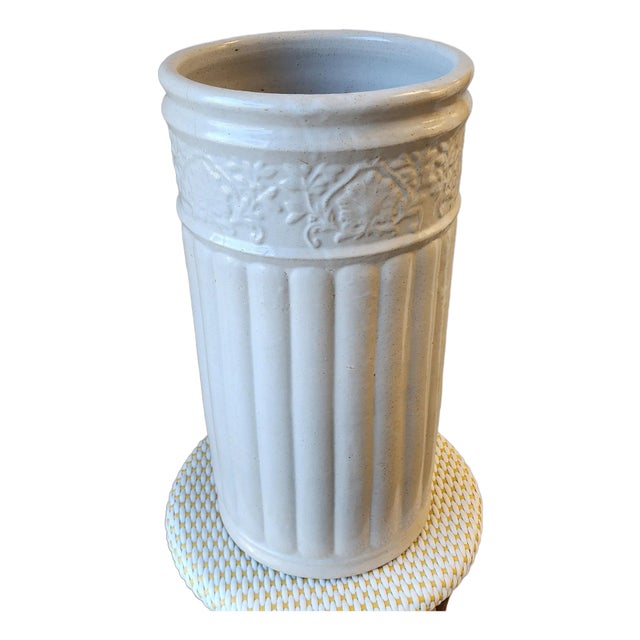 Antique White Umbrella Stand in Glazed Pottery/Earthenware For Sale