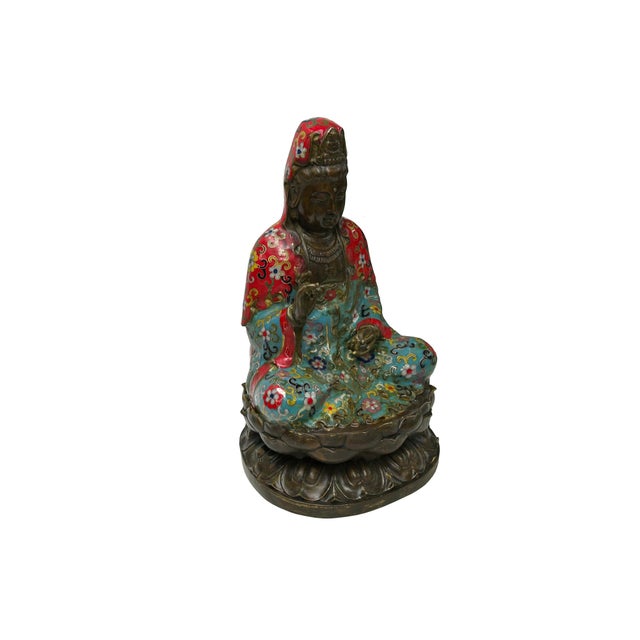 Asian Vintage Cloisonne Enamel Lotus Base Bodhisattva Metal Buddha Statue For Sale - Image 3 of 16