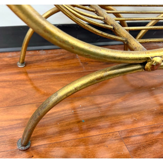 Hollywood Regency Vintage Gold Gilt Metal Bench With Scrollwork Arms For Sale - Image 3 of 7