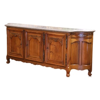 19th C. French Régence Marble Top Carved Walnut Three-Door Enfilade With Drawers For Sale