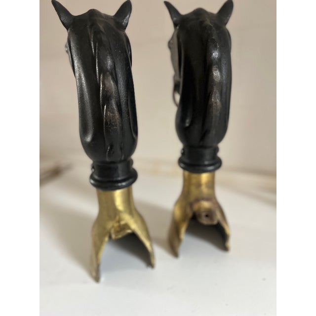 Metal Pair of Vintage English Equestrian Horse Heads and Brass Hoof Andirons For Sale - Image 7 of 9