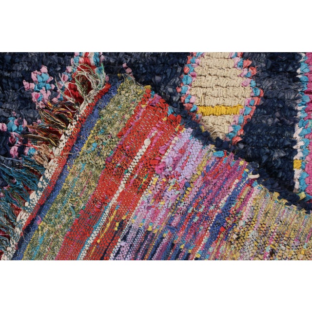 1950s Vintage Berber Moroccan Kilim in Blue, Pink Geometric Lozenge Pattern For Sale - Image 5 of 6