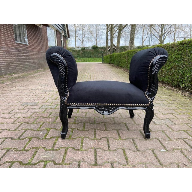 Late 20th Century Late 20th French Louis XVI Black Beech Velvet Bench For Sale - Image 5 of 7