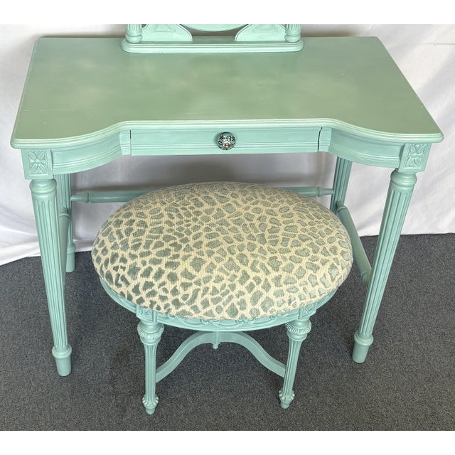 Vintage Vanity With Coordinating Stool Painted in an Ethereal Blue With New Upholstery For Sale - Image 16 of 18