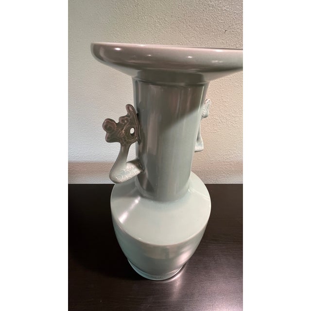 Mid 20th Century Large 18" Celadon Porcelain Vase With Dragon Handles - Heavy Decorative Vessel For Sale - Image 6 of 8