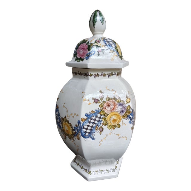 Mid 20th Century Monumental Italian Majolica Hand-Painted Ginger Jar For Sale
