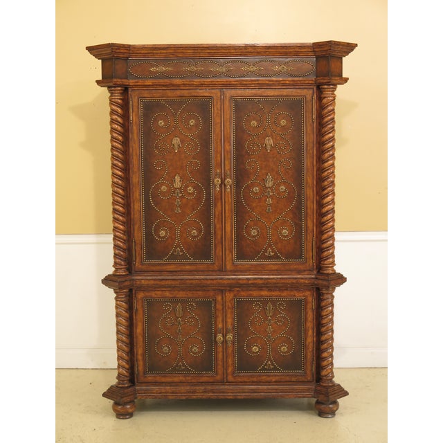 Maitland Smith Four-Door Leather & Tack Head Trim TV Cabinet / Armoire