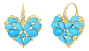 Nina Zhou Fantasy Heart Turquoise Diamond Drop Earrings in 14k Yellow Gold - A Pair