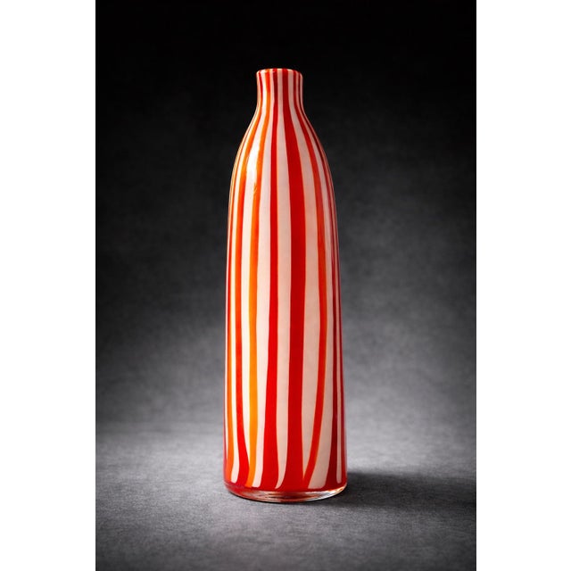 Late 20th Century Murano-Style Red & Orange Striped Art Glass Vase – Tall Hand-Blown Statement Piece For Sale In Los Angeles - Image 6 of 9