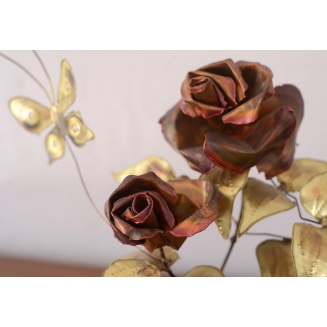 Mid Century Metal Roses and Butterfly Sculpture on Burlwood Base For Sale In San Francisco - Image 6 of 12