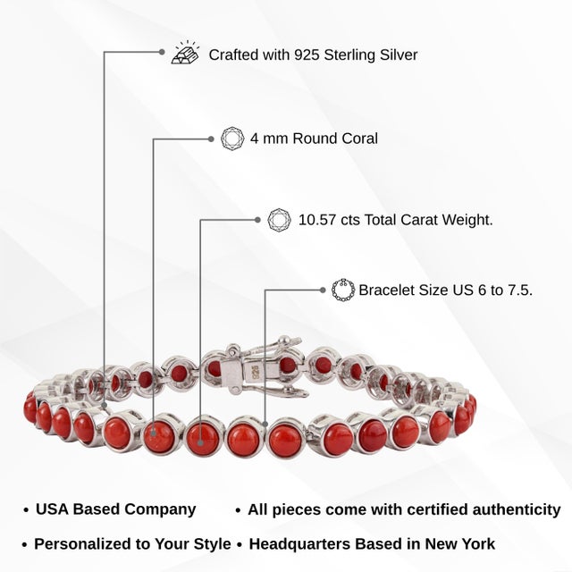 Carat&Her Natural 10.57 Ct Red Coral Cabochon Tennis Bracelet in 925 Sterling Silver For Sale - Image 9 of 13