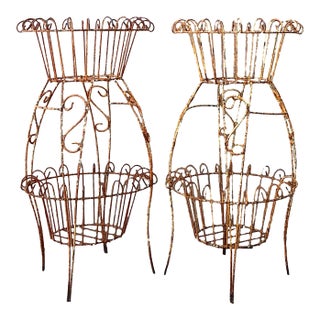 Vintage Distressed Wire Plant Stands - A Pair For Sale