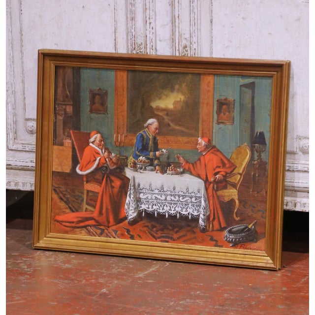 Decorate a study, library, or dining room with this elegant antique genre painting. Crafted in France circa 1920, the oil...