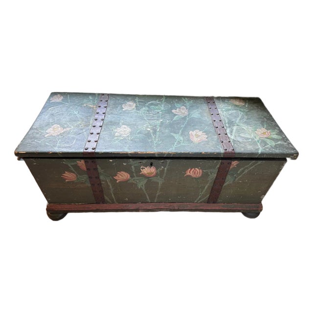 Antique Hand-Painted Green Storage Chest With Floral Motifs – Central/Eastern Europe For Sale