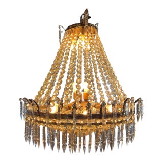 1940s Empire-Style Brass and Glass 12-Light Chandelier For Sale