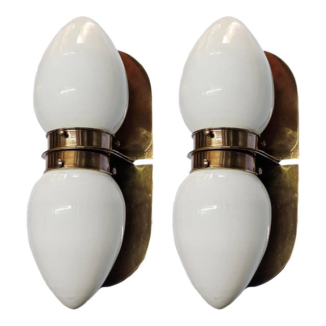 Pair of Vintage Art Deco Wall Sconces Fixture Brass & Milk Glass Shade Lamp Ship Light For Sale