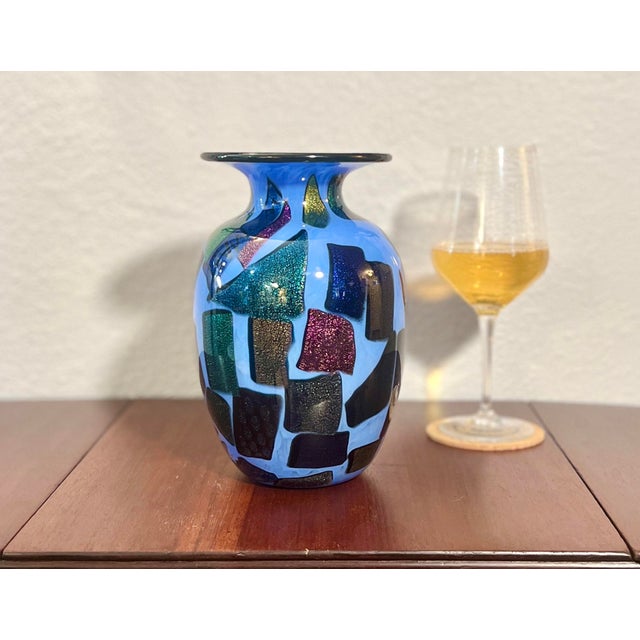Mad Art Studio Handblown Azure Blue & Dichroic Mosaic Vase For Sale - Image 11 of 12