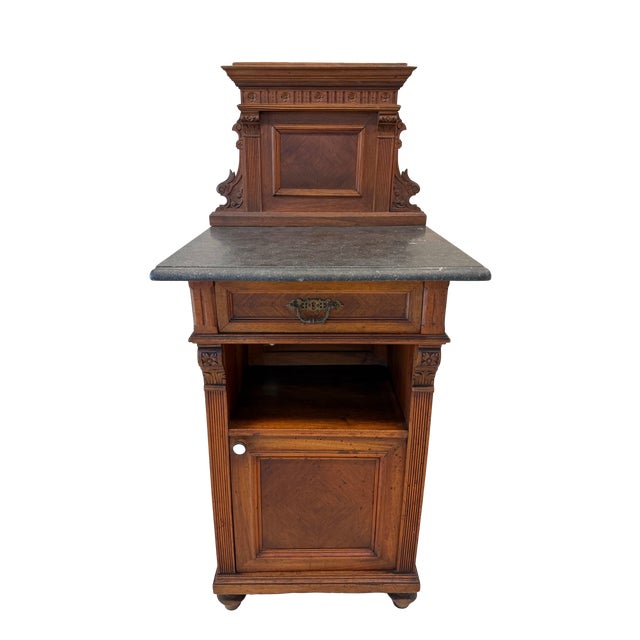 Victorian Victorian Walnut Marble Top Nightstand Cabinet For Sale - Image 3 of 15
