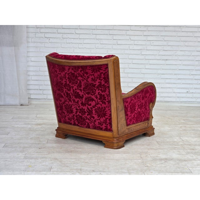 Danish Relax Armchair in Red Furniture Velour and Oak Wood, 1950s For Sale - Image 9 of 18