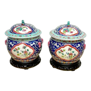 Mid 20th Century Chinese Export Famille-Rose Enameled Covered Urns & Stands - a Pair