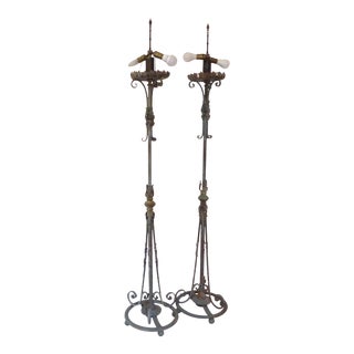 Antique French Iron Torchiere Lamps - a Pair For Sale