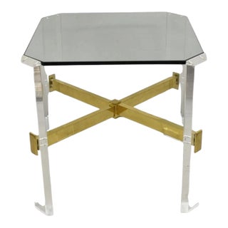 Vintage Mid Century Modern Lucite & Glass Brass Stretcher Occasional Side Table For Sale
