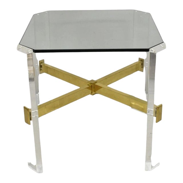 Vintage Mid Century Modern Lucite & Glass Brass Stretcher Occasional Side Table For Sale