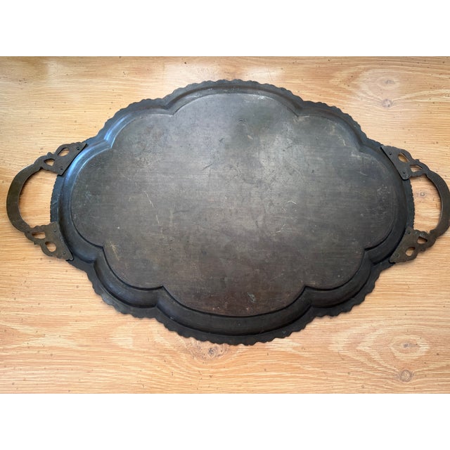Early 20th Century Antique Indo Persian Brass Tray With Red Lacquer Inlay, Hand Etched Jaipur Brassware, Vintage Scalloped Handled Serving Tray For Sale - Image 5 of 9
