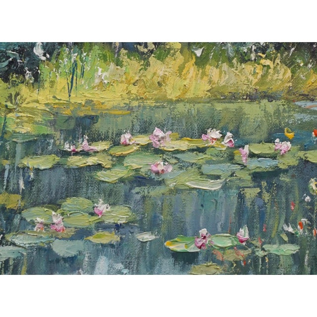 Impressionist Original Oil Landscape of Lily Pond For Sale - Image 3 of 5