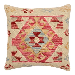 Vintage Boho Chic Hand-Woven Turkish Kilim Throw Pillow For Sale
