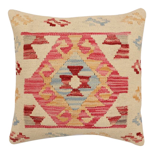 Vintage Boho Chic Hand-Woven Turkish Kilim Throw Pillow For Sale