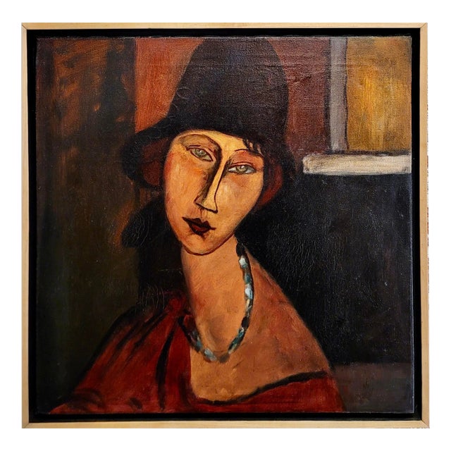 After Modigliani - Portrait of a Girl W/ Hat & Necklace -1930s Oil Painting For Sale