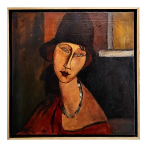 After Modigliani - Portrait of a Girl W/ Hat & Necklace -1930s Oil Painting