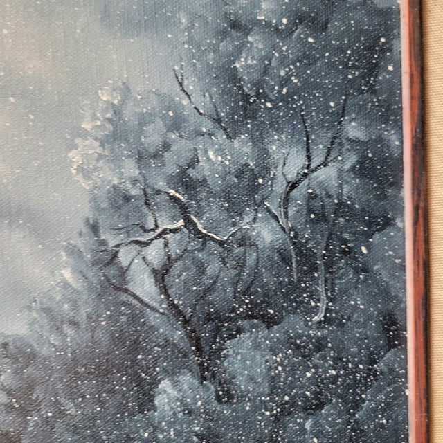 VTG Oil Painting 25"x21" Canvas Snow Cabin Stream Trees Water SGN Bd Pollard '93 For Sale - Image 12 of 18