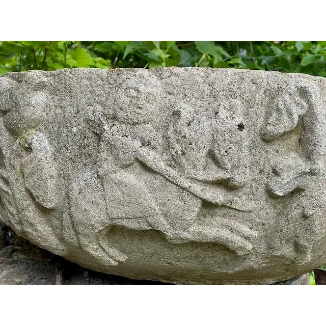 Large Antique Stone Composite Planter With Medieval Hunting Scene. Possibly English or European. A stunning planter...