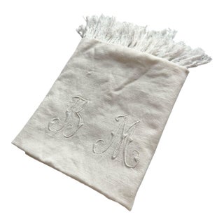 Antique French Heirloom Linen Towel Bm Monogram Drawn Thread Work Hand Knotted Fringe Trousseau Textile Circa 1900 For Sale