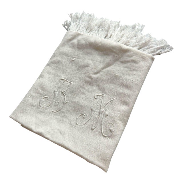 Antique French Heirloom Linen Towel Bm Monogram Drawn Thread Work Hand Knotted Fringe Trousseau Textile Circa 1900 For Sale