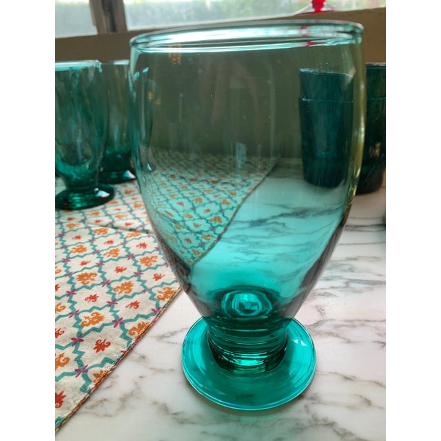 Contemporary Teal Glass Water Goblets Set of 8 For Sale - Image 10 of 12