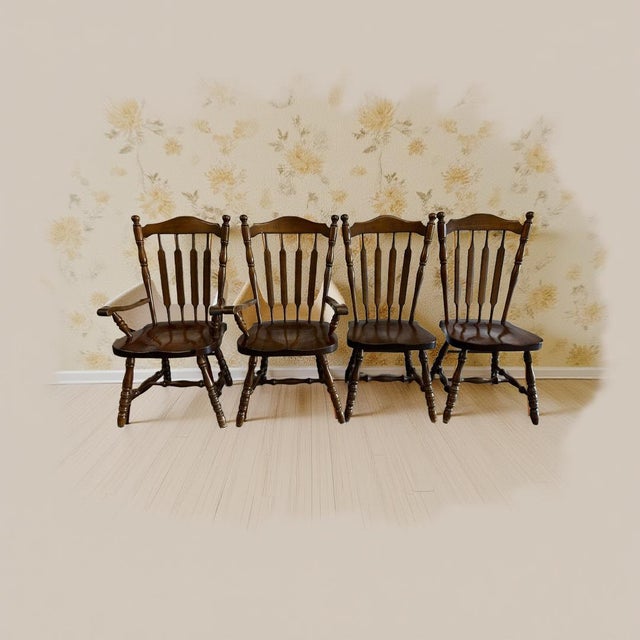 Bring timeless Americana charm to your dining space with this set of four vintage Windsor-style dining chairs, featuring...
